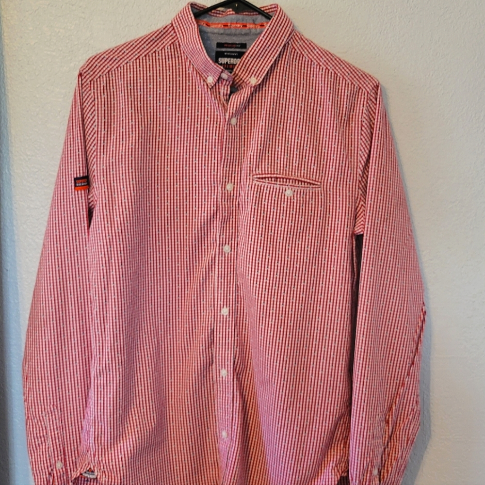 Men's small SUPERDRY long sleeve buttoned down shirt red, white and blue